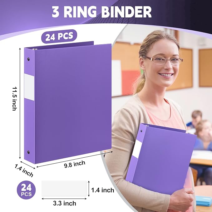 Henoyso 24 Pack 1 Inch 3 Ring Plastic Binders, Bulk Flexible PP Binders for Classroom & School Supplies, Letter Size 8.5 x 11, Holds 240 Sheets with Interior Pocket (Purple)