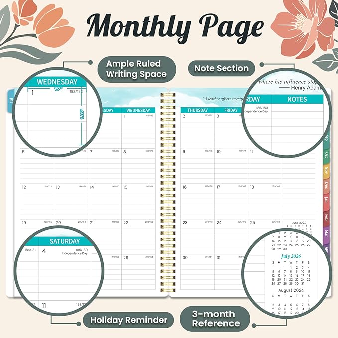 Teacher Planner 2026-2027 - 2026-2027 Teacher Planner, Weekly & Monthly Lesson Planner, July 2026 - June 2027, 8.5" x 11", Colorful Monthly Tabs, Twin-Wire Binding, Back Pocket
