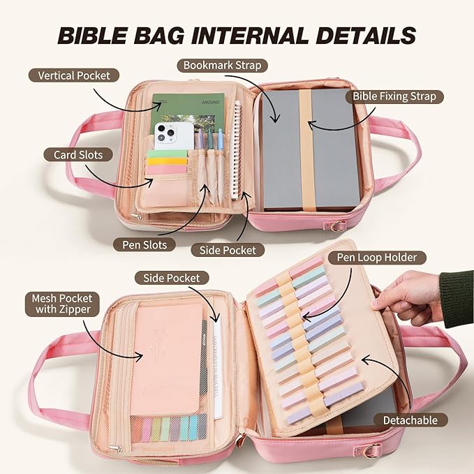 KOPKOFT Bible Cover Case for Women, All-in-One Bible Study Supplies Journaling Kit with Highlighters Tabs, Quilted Book Carrying Cases, Christmas Christian Gifts for Women (Pink)