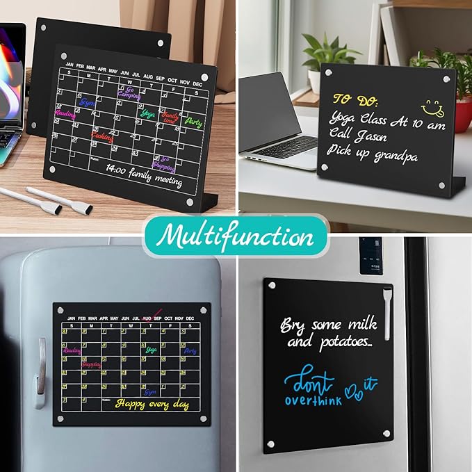 2PCS Black Acrylic Calendar Dry Erase Board with Stand for Desk, 16x12 Large Desktop Monthly Whiteboard Magnetic Fridge Memo Board, Daily Planner Chalkboard Easel for Office, School