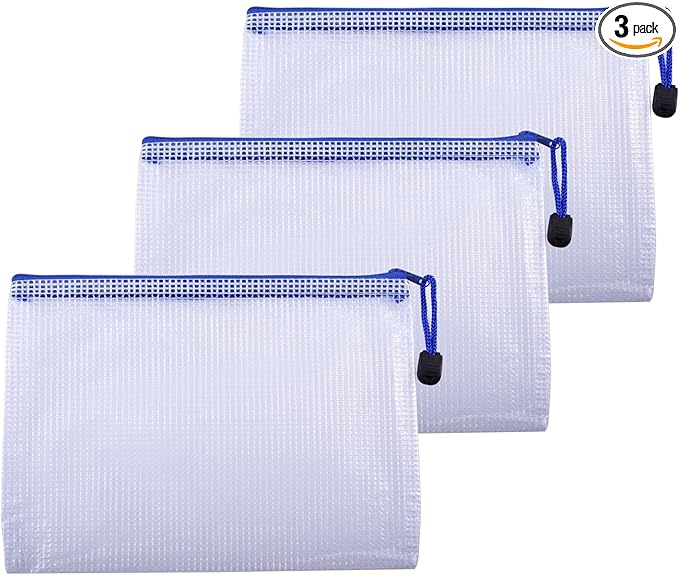 3 Pcs 4.72" x 6.3" A6 Sizes Mesh Zipper Pouch Bags, Mesh Bags with Zipper，Waterproof Clear Document Pouch for Organization Puzzles Travel, Office, Classroom Organization, A6 White