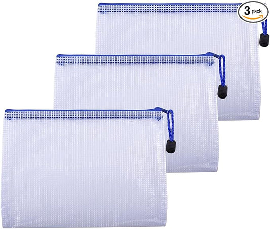 3 Pcs 4.72" x 6.3" A6 Sizes Mesh Zipper Pouch Bags, Mesh Bags with Zipper，Waterproof Clear Document Pouch for Organization Puzzles Travel, Office, Classroom Organization, A6 White