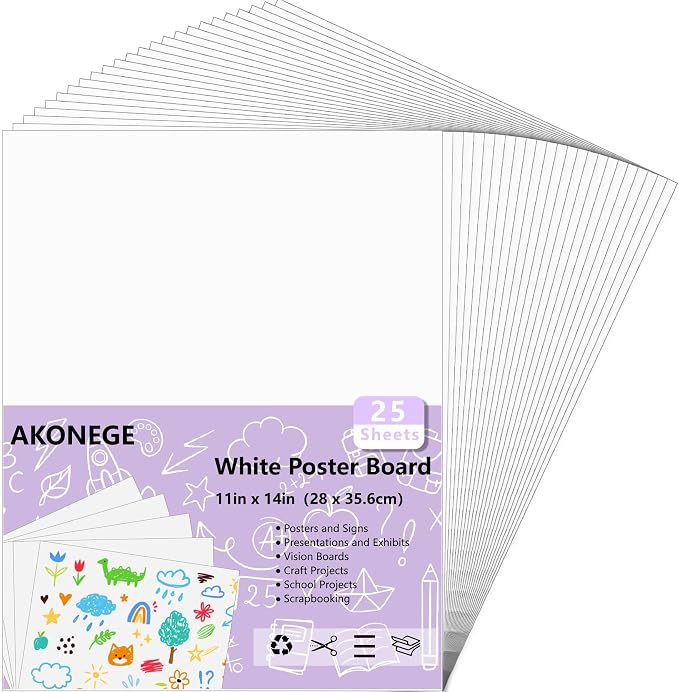 AKONEGE 25PCS Poster Board 11" x 14" White Poster Paper Bulk, 250GSM Thickness Vision Boards Blank Graphic Display Posterboards for School Arts Crafts Projects Drawing Office Presentations Supplies