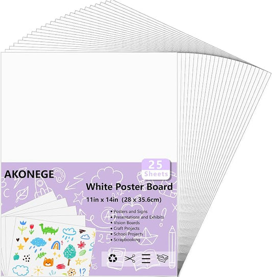 AKONEGE 25PCS Poster Board 11" x 14" White Poster Paper Bulk, 250GSM Thickness Vision Boards Blank Graphic Display Posterboards for School Arts Crafts Projects Drawing Office Presentations Supplies