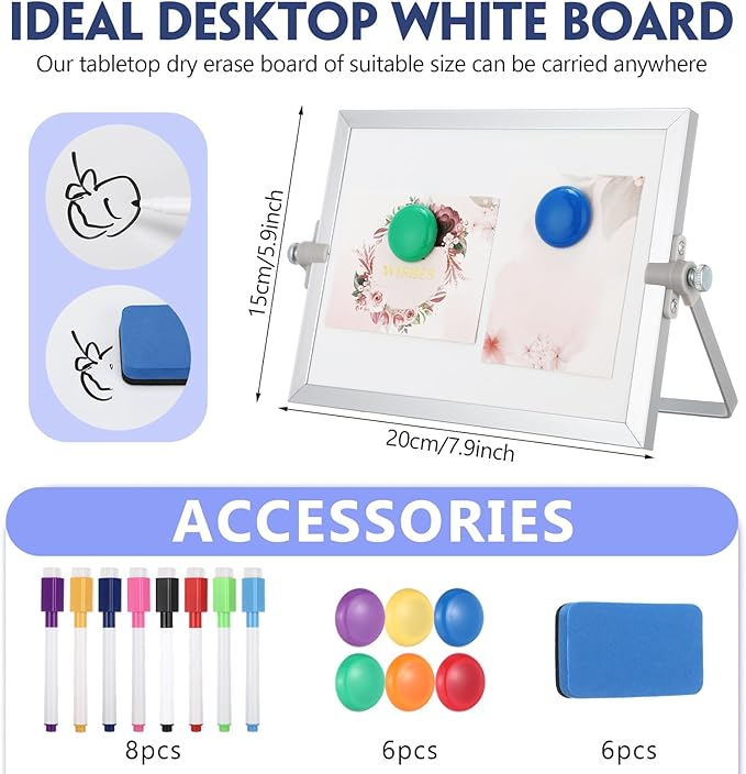 6 Pcs Small Dry Erase White Board with Stand 6 x 8'' Double Sided Magnetic Tabletop Whiteboard Mini Dry Erase Easel Board with 8 Markers 6 Magnets 6 Eraser for Drawing Office School Home