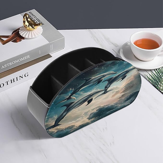 Dolphin Starry Sky Galaxy Ocean Remote Control Holder with 5 Compartment PU Leather Multi Functional Desk Storage for TV Remotes Office Supplies
