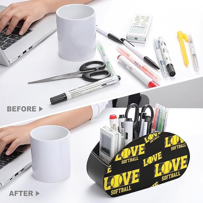 Remote Control Storage Box with 5 Compartments, PU Leather Organizer for Media Players, TV Remotes, and Office Desk, Love Sports Softball