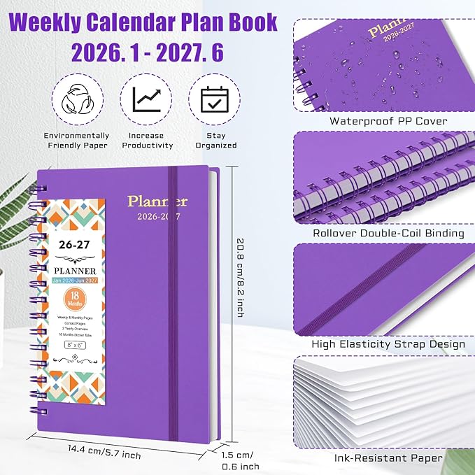2026-2027 Weekly, Monthly and Daily Planner, 18 Month Planner Notebook from Jan.2026 to Jun.2027 - Academic Organizer for Women Men 5.7" x 8.2"- Dark Purple