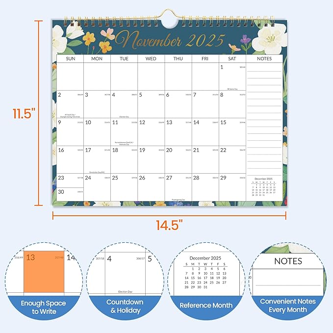 SUNEE 2026 Calendar- 18 Months Wall Calendar Oct. 2025 - Mar. 2027, 14.5"x11.5" Hanging Calendar with Note for Organizing & Planning, 2026 Monthly Calendar with Next Month, Floral