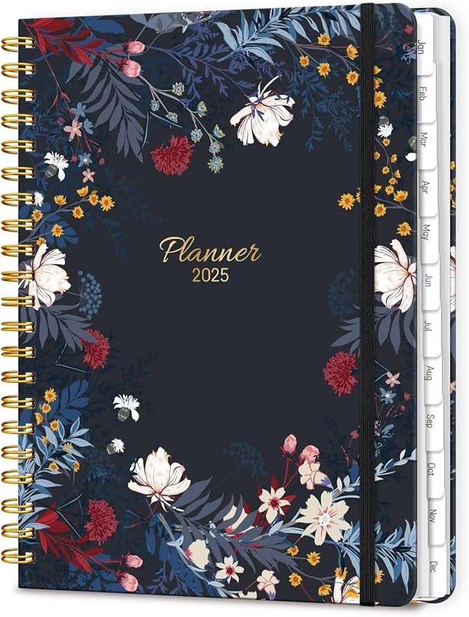 2025 Planner, 12 Month Calendars for Daily and Monthly Planner 2025, A5 Spiral Bound Weekly Planners with Tabs, Day Agenda Organizers from Jan. to Dec. (Black Bloss)