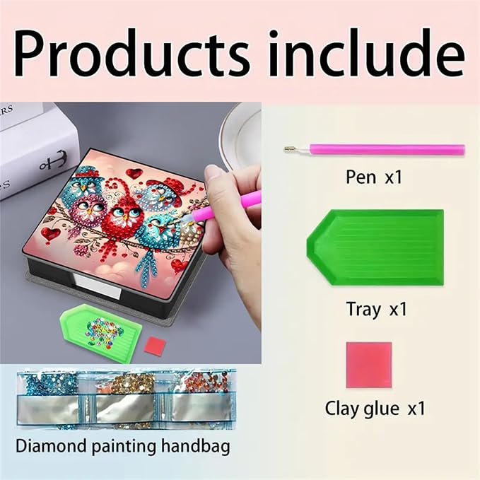Bird Diamond Painting Note Box Memo Pad Holder, Diamond Art Sticky Notes Organizer for Desk, Aesthetic Stationery Storage Case for Office,School Supplies (Bird2)