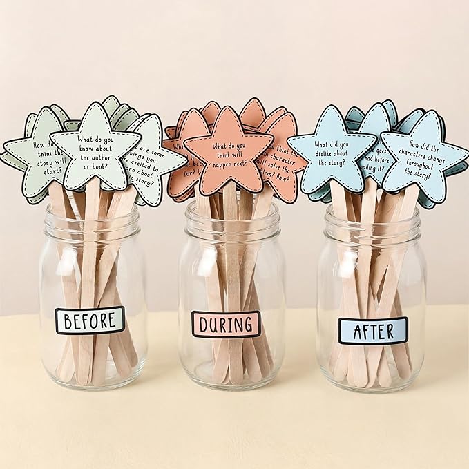 Eaasty 33 Pcs Classroom Management Supplies Bottle with Sticker Reading Comprehension Question Card Bulk Classroom Reading Tool Elementary Kindergarten Decoration Before During After Teacher Essential