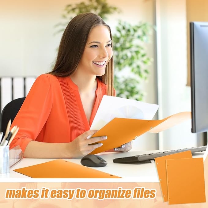 Yeaqee 100 Pcs Plastic Folders with Pockets Bulk 3 Hole Punched 2 Pocket File Folders for 3 Ring Binder Divider Folder for Notebooks, Durable Poly for Office Home (Orange)