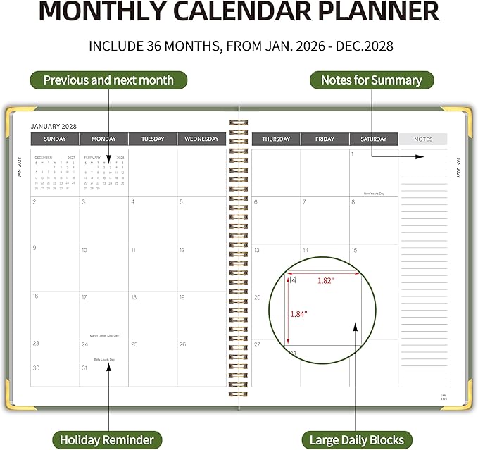 2026-2028 Monthly Planner - 3 Year Monthly Planner 2026-2028, Jan. 2026 - Dec. 2028, 8.5" x 11", 36 Months Calendar Planner with Spiral Bound, Notes Pages, Perfect for School & Office for Women & Men - Green