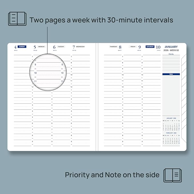 POPRUN 2026 Weekly Planner (Medium 7'' x 8.5''), 30-Minute Hourly Appointment Book (Jan 2026-Dec 2026) with Monthly Tabs, Inner Pockets, Pen Holder, PU Leather Softcover, 100GSM - Night Sky Navy Blue