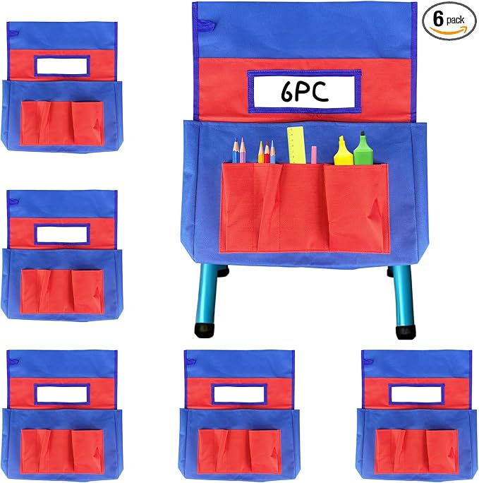 6 Pack Chair Pockets for Classrooms, 17.2"x19" Seat Sacks for Classroom Chairs K-2, Heavy Duty Back of Chair Organizer Pocket with Name Tag Slot for Supplies, Books, Storage