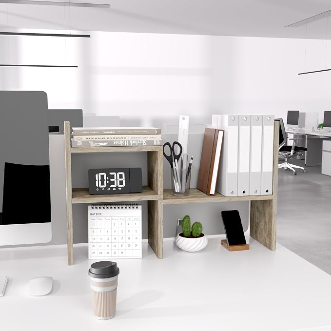 Jerry & Maggie Office Desk Organizers and Accessories for College Dorm Decor, Supplies Wooden Desk Organizer for Plants, Cubicle Shelf of Makeup Organizer for Cute Room Decor, Grey Oak