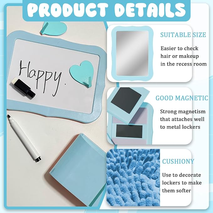 16 Pcs Locker Accessories Kit Blue Locker Organizer Decorations Include Striped Wallpaper String Light Magnetic Whiteboard Mirror Storage Cup Marker Rug Organizing Shelf for Back to School Supply
