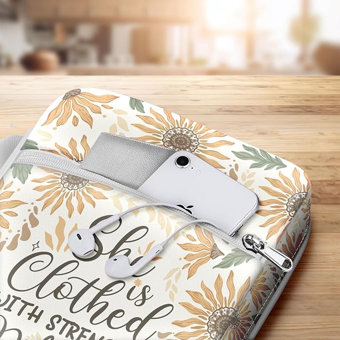 Sunflower Bible Cover for Women with Handle and Zipper, Scripture Verse Proverbs 31 25, Canvas Bible Case, Fits Standard Size Bible, Christian Gift for Mom Girls Bible Study Church Use