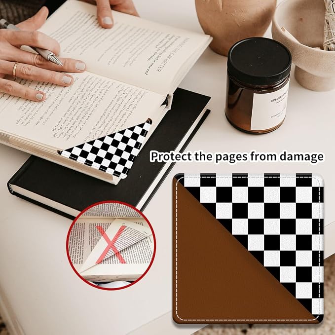 Cute Leather Bookmarks, Fun Triangle Making Corner Bookmark, Book Accessories for Reading Book Lovers, Unbreakable Page Markers for Women Men Black White Plaid