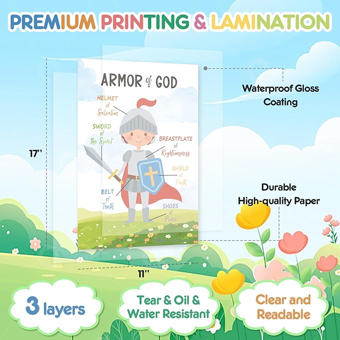12 PCS Kids Bible Education Posters Set (11x17") - Biblical Learning Charts for Sunday School Classroom Christian Religious Home Wall Decor, Books of the Bible, 10 Commandments & More