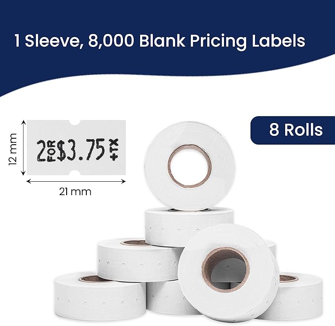 Perco 1 Line Freezer Adhesive Labels - 8 Rolls, 1 Sleeve, 8,000 Blank Price and Date Gun Labels for Perco Lite, X, Plus and Pro 1 Line Price and Date Guns - Made in USA