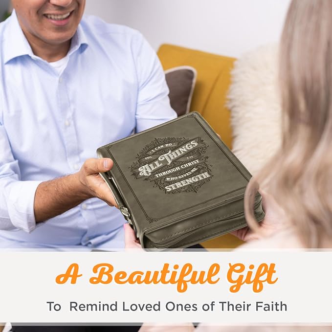 Christian Art Gifts Protective Gray Faux Leather Classic Bible Cover Carry Case: All Things Through Christ - Philippians 4:13 Bible Verse with Zipper and Pocket, Medium