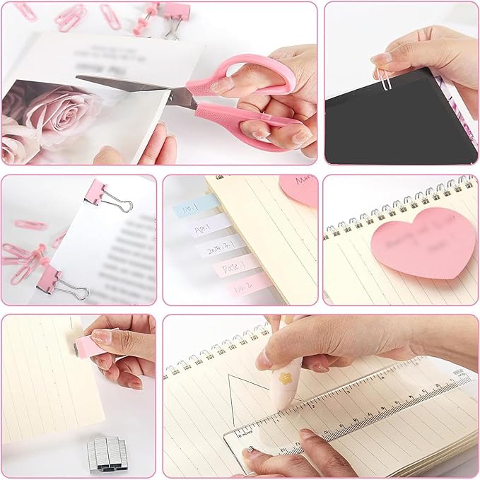 Office Supplies Set Pink 13 Pcs with Rotating Pen Holder Stapler Tape Dispenser Scissors Ruler Clips Kit for Desk Organization School Home Workplace Accessories and Employee Gifts (Pink)
