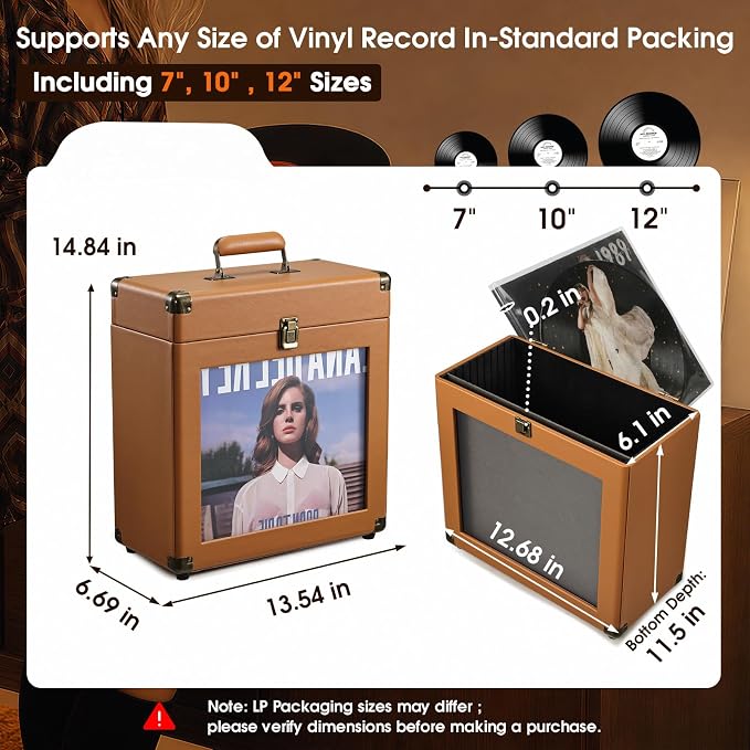 Hododou Vinyl Record Storage Box with Lock Record Organizer Storage for 30+ Single Records 12-inch Water Resistant Collapsible Storage Crate with Lid Handle Mesh Pouch for Vinyl Collect Acrylic Brown