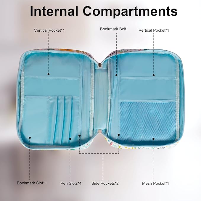 Bible Cover for Men Women, Zippered Bible Carrying Case Bible Protective Bag with Handle and Adjustable Shoulder Strap, Bible Bag for Women Men Kids (Blue Flower)