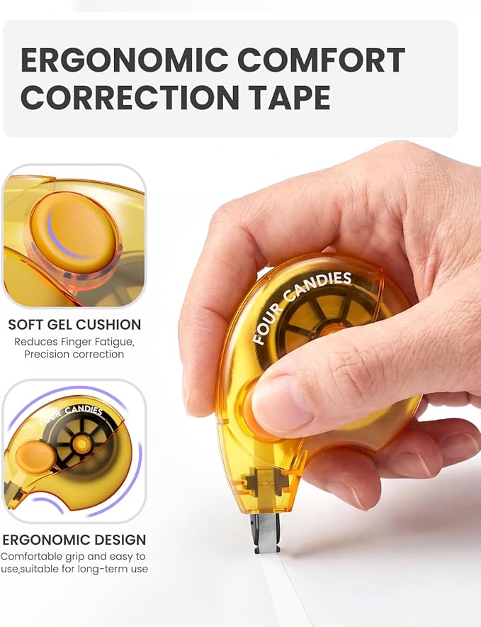 Four Candies Silent Correction Tape, White Correction Tape 6 Pack, 26.2ft, Ergonomic Easy-to-Use Applicator, Fast Clean Instant Corrections, Smooth High-Opacity Tear-Resistant Office & School Supplies