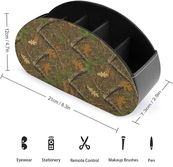 5-Slot Remote Storage Box, PU Leather Desk Organizer for TV Remotes, Makeup Brushes, and Bedside Table, Hunting Realistic Camo Tree Camouflage