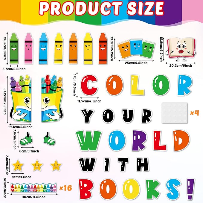 gisgfim Colorful Crayon Bulletin Board Decorations Reading Crayon Paper Cutouts Motivational Books Bulletin Board Set for Back to School Teacher Students Door Wall Chalkboard Decor Supplies