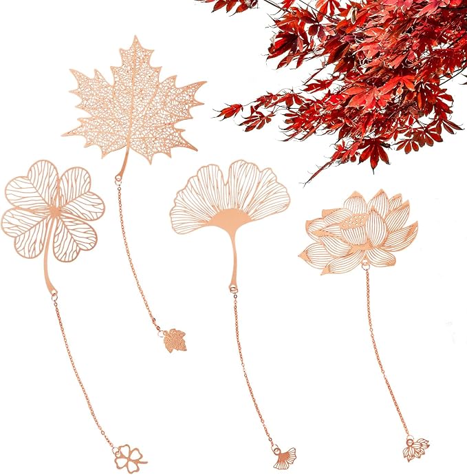 4pcs Vintage Metal Leaf Bookmarks with Pendant, 4 Styles Exquisite Hollow Metal Leaf Bookmark, Bookish Gift for Book Lovers Readers Teens Adults Women Men