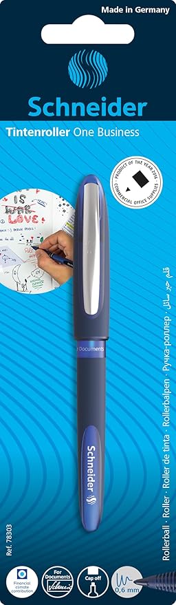 Schneider One Business Rollerball Pen, 0.6 mm Ultra-Smooth Tip, Blue Barrel, Blue Ink, Blister Pack of 1 Pen (78303)