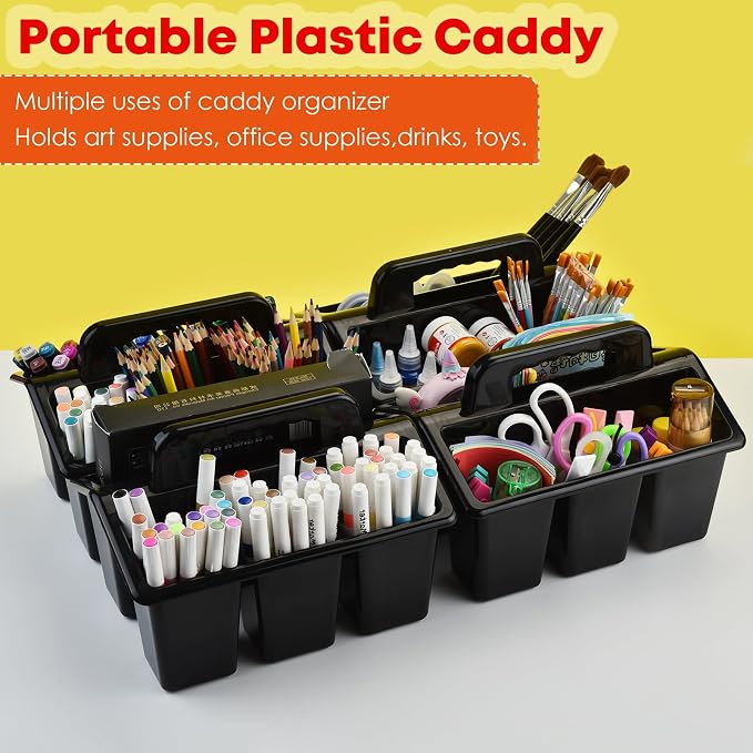 ALINK Classroom Caddy Storage Basket with Handle, 6 Pack Plastic Arts Office Crafts Caddy 4 Compartments for Kids, Pencil, Crayon, Marker, School Supplies - Black