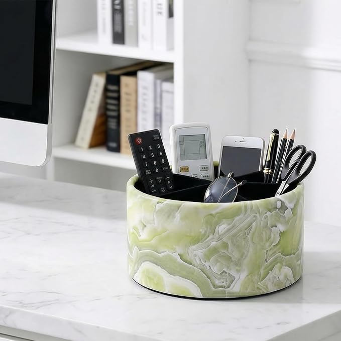 Remote Control Holder, 360°Spinning PU Leather Desk TV Remote Caddy,Desk Storage Box Room Accessories for Controller, Media,Mail,Calculator, Mobile Phone,Pencil(1-Big Marble Jade)