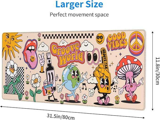 70s Vintage Earth Mushroom Mouse Pad – Large Desk Mat with Non-Slip Rubber Base, 31.5 X 11.8in Gaming Mousepad for Laptop Pc, Office Accessories and Desktop Decor