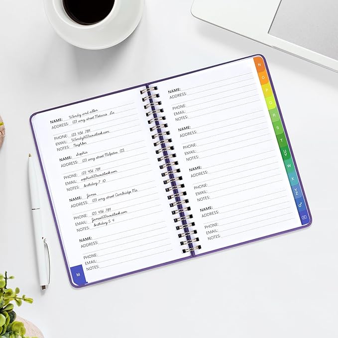 Address Book with Alphabetical Tabs-Address and Password Book for Seniors - Hardcover Spiral Bound Phone Book- Record Contacts, Website Login Passwords, Special Days -5.7" x 7.7", Purple