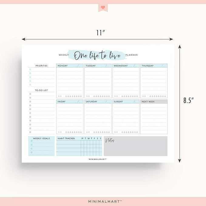 Cute Weekly Planner By Minimalmart | 50 Undated Tear-Off Sheets |Personal Productivity Calendar Organizer For Daily Tasks, Appointments, Meal Prep, Notes, Lists| Home Or Office Work Scheduler| 8.5x11”