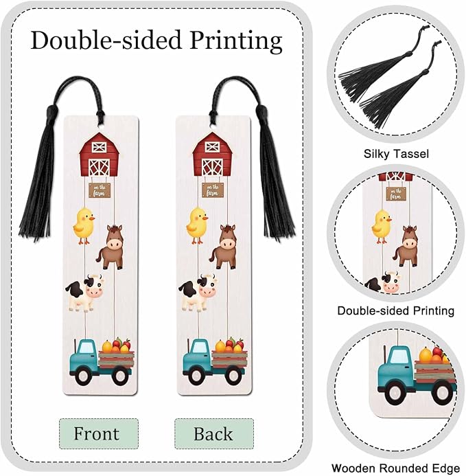 Farm Animal 5 Pcs Bookmarks Chicken Cow Horse Fruit Truck Wooden Bookmarks with Tassel for Students Reader Teachers Book Lovers