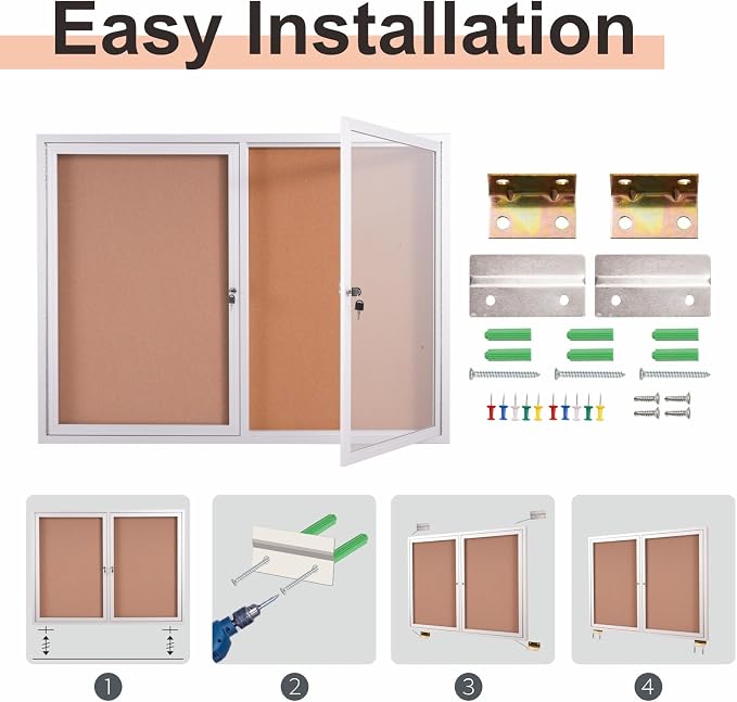 48x36 Inch Lockable Enclosed Bulletin Board, Weather-Resistant Outdoor Noticeboard with 2 Locking Doors, Wall-Mounted Silver Aluminum Frame & Cork Presentation Board