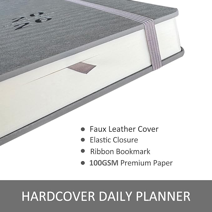 Daily Planner 2026, Calendar 2026 Agenda Planner Daily Journal Notebook 8.5"x5.8", January 2026 to December 2026, Faux Leather Cover (Grey, 8.5"×5.75")