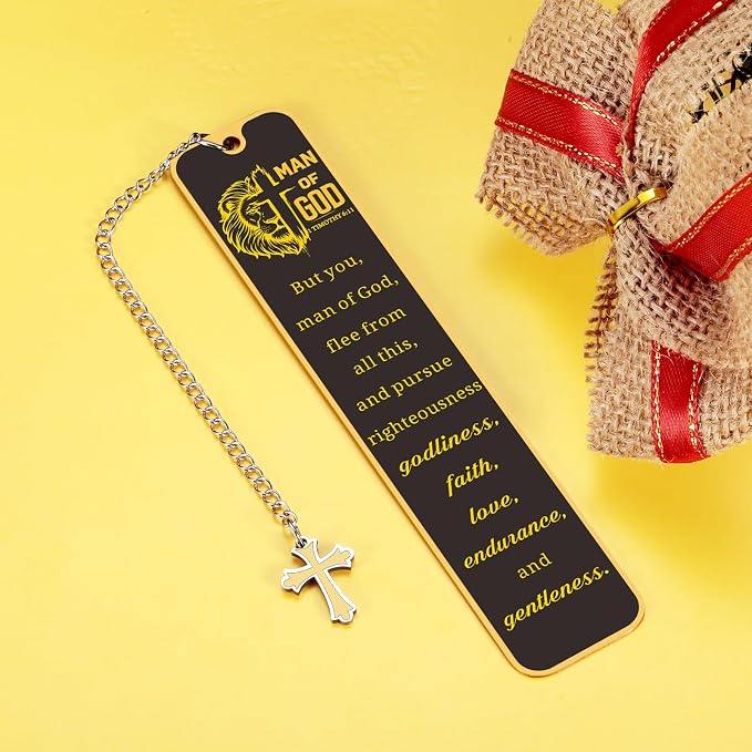 Christian Bookmark Man of God, Inspirational Lion Bible Verse Bookmark with Cross Pendant