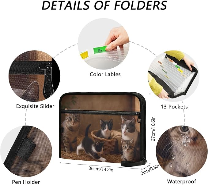 Cat Family Expanding Accordion File Folder with 13 Pockets and Zipper Closure
