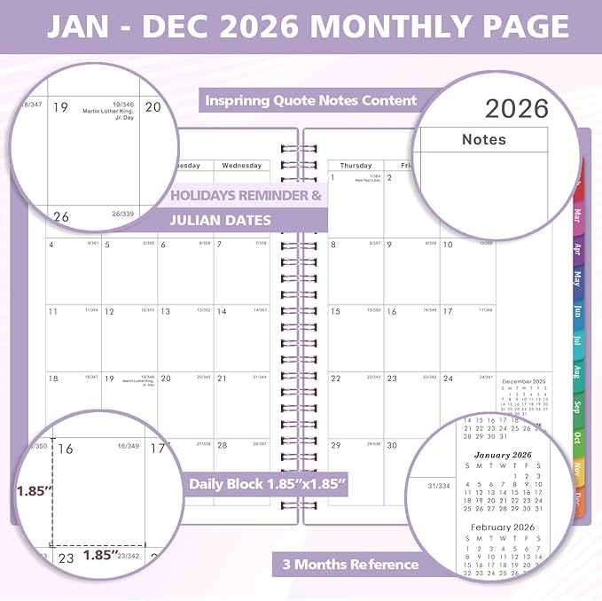 2026 Planner - 2026 Planner Weekly and Monthly from Jan. 2026 - Dec. 2026, Calendar Planners 2026 with Inner Pocket, Colorful Tabs, Planners for Women, 8.5" x 6.4" - Purple