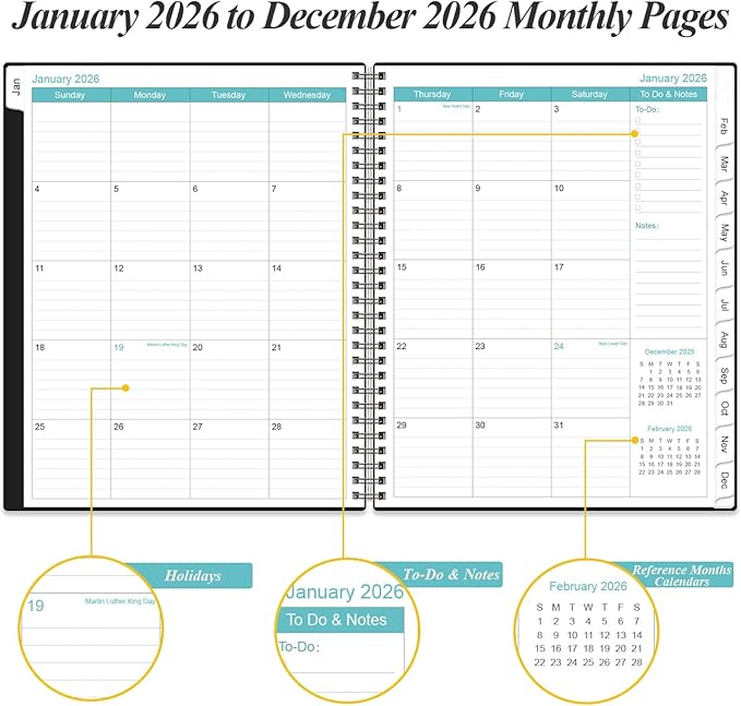 Planner 2026 For Women & Men - Monthly and Weekly Calendar Planner from January 2026 - December 2026, Student Planning with 12 Tabs for Office School Supplies, Inner Pocket, 8.5" x 11", Black