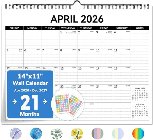 2026 Calendar, Forvencer 21-Month Wall Calendar 2026, Apr 2026 - Dec 2027, 14" x 11" Large Monthly Planner Calendars with Notes Section & Stickers, Ruled Block, Spiral Binding Hanging for Home Office