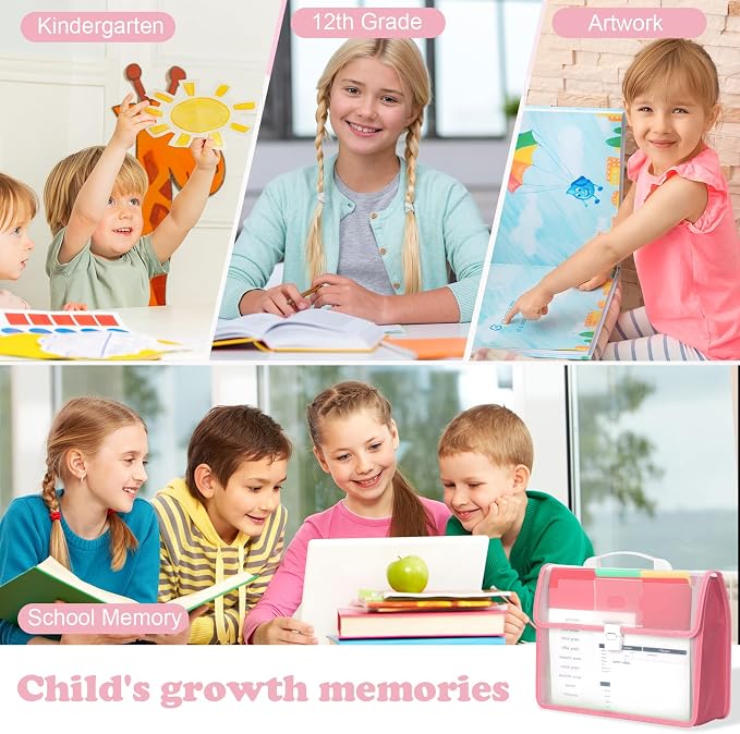School Years Organizer Kit Clear Plastic Storage Tote with 20 Letter Size Colored Manila Folders 60 Reusable Sticker Labels School Memory Keepsake Box for Pre K to 12th Grade DIY Organization (Pink)