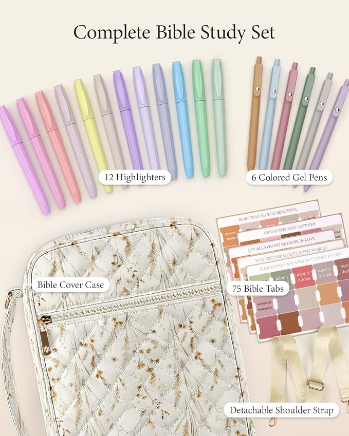 BellaHold Bible Cover Case for Women, Large Bible Bag with Detachable Strap & Bible Study Supplies, 12 Highlighters, 6 Colored Gel Pens & 75 Bible Tabs, Christian Gifts for Women (Beige Wheat Grass)